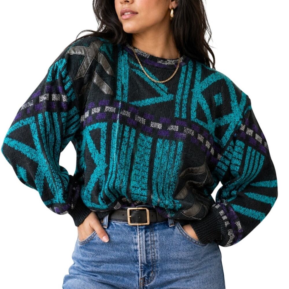 Vintage 80s Geometric Leather Patch Grandpa Sweater Medium Gabrielle